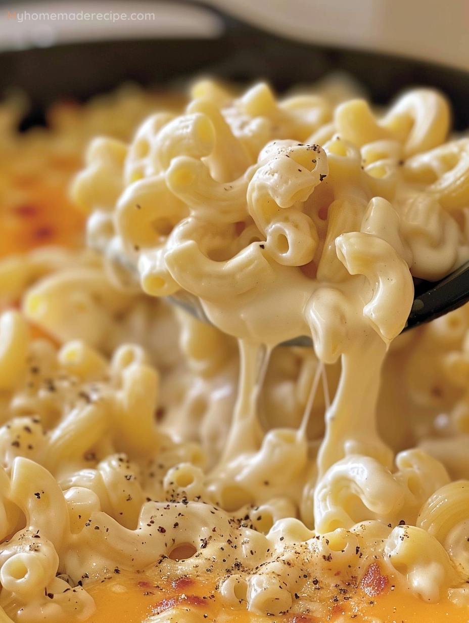 A bowl of Pepper Jack Stovetop Macaroni & Cheese, garnished with red pepper flakes and shredded cheese