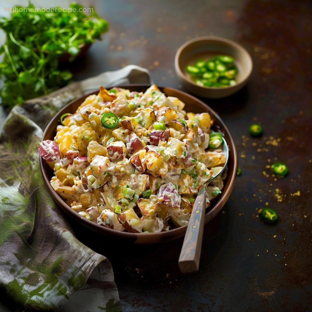 Jalapeño Popper Roasted Potato Salad served in a bowl with bacon and jalapeños on top