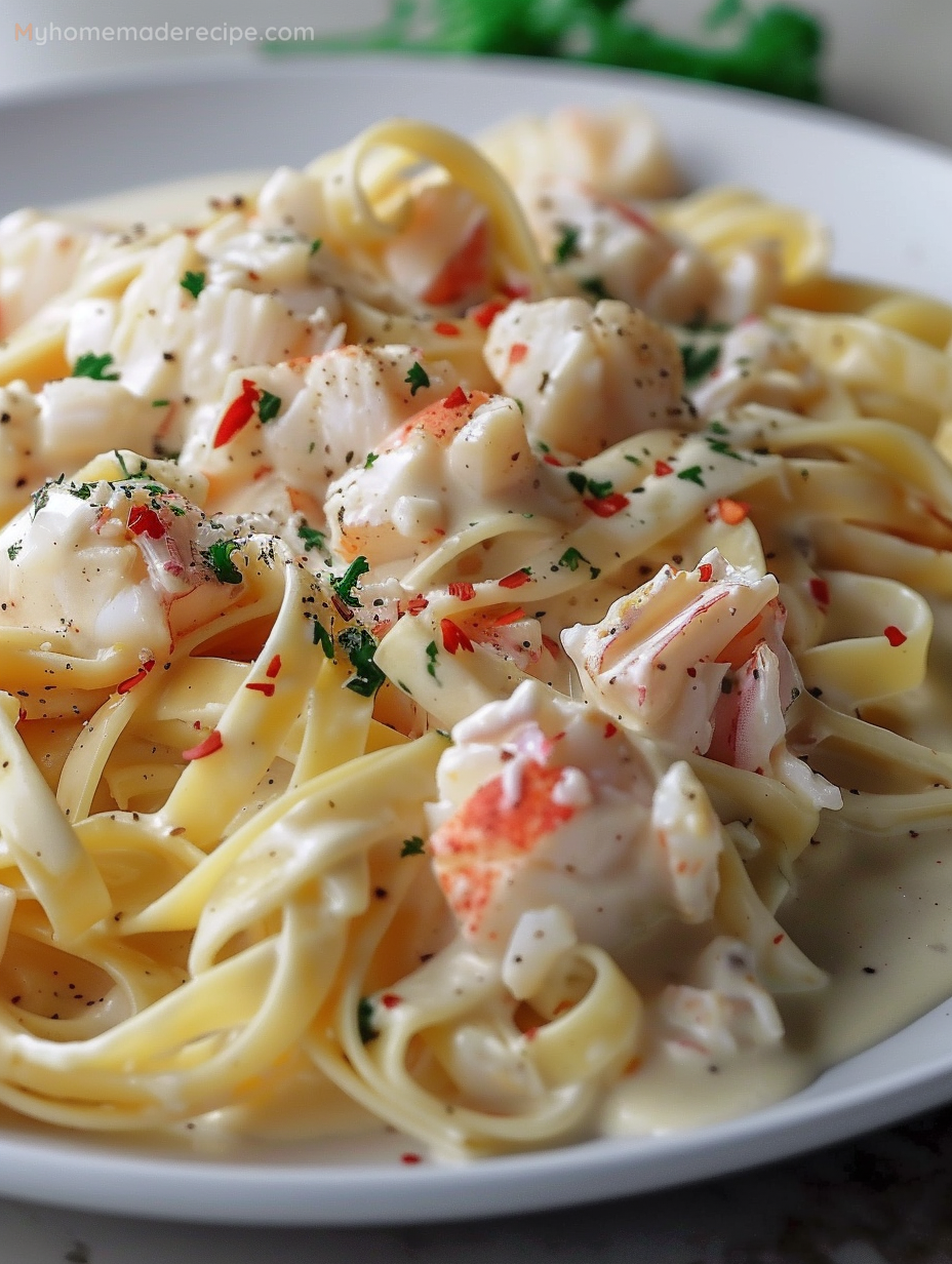 Creamy Crab Fettuccine Alfredo garnished with parsley