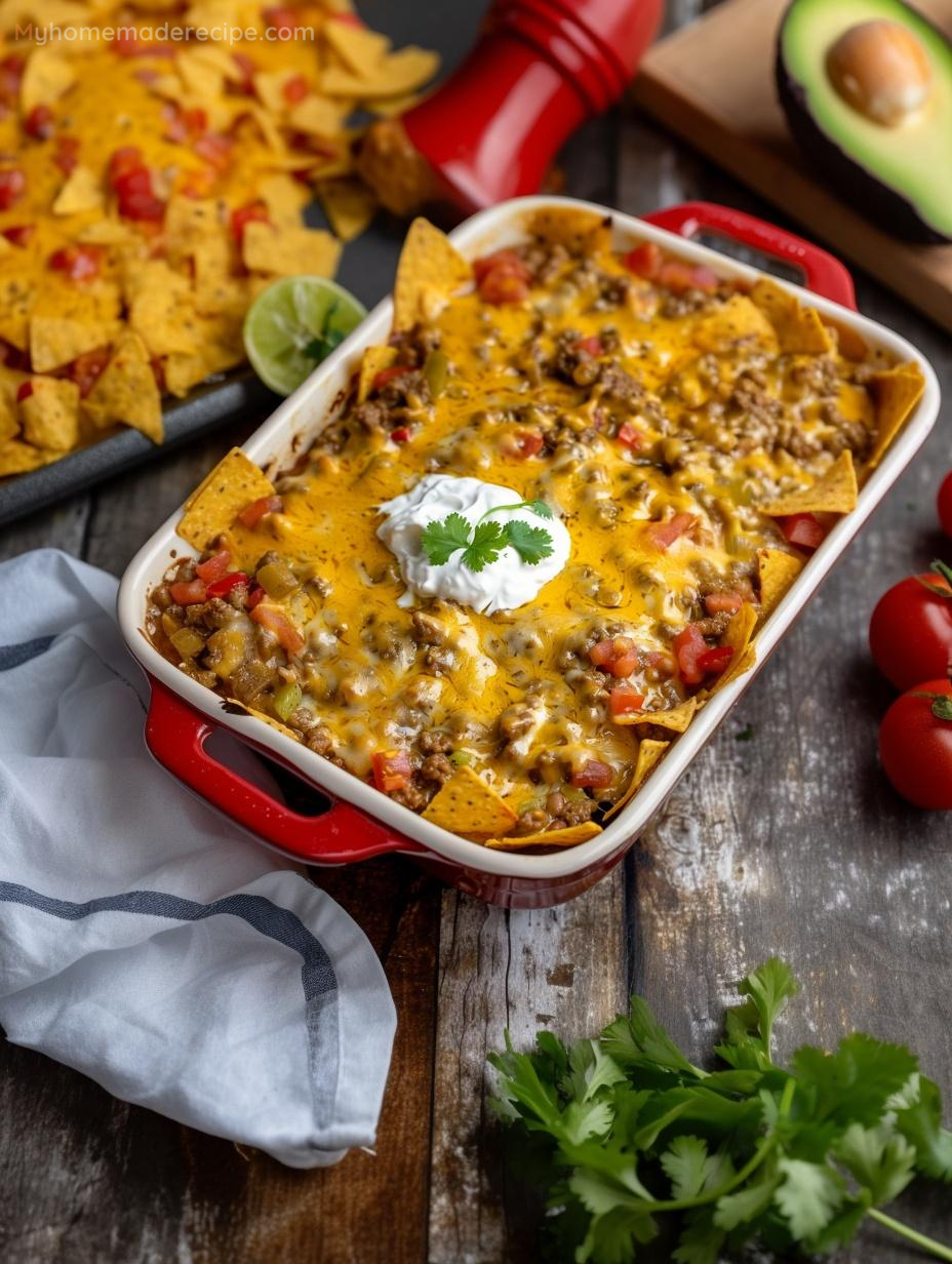 A baked Mexican White Trash Casserole with melted cheese and tortilla chips