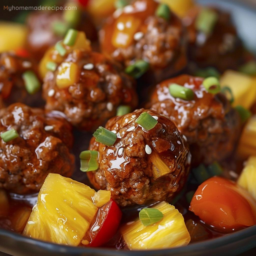 Sweet and Sour Meatballs with Pineapple in a bowl