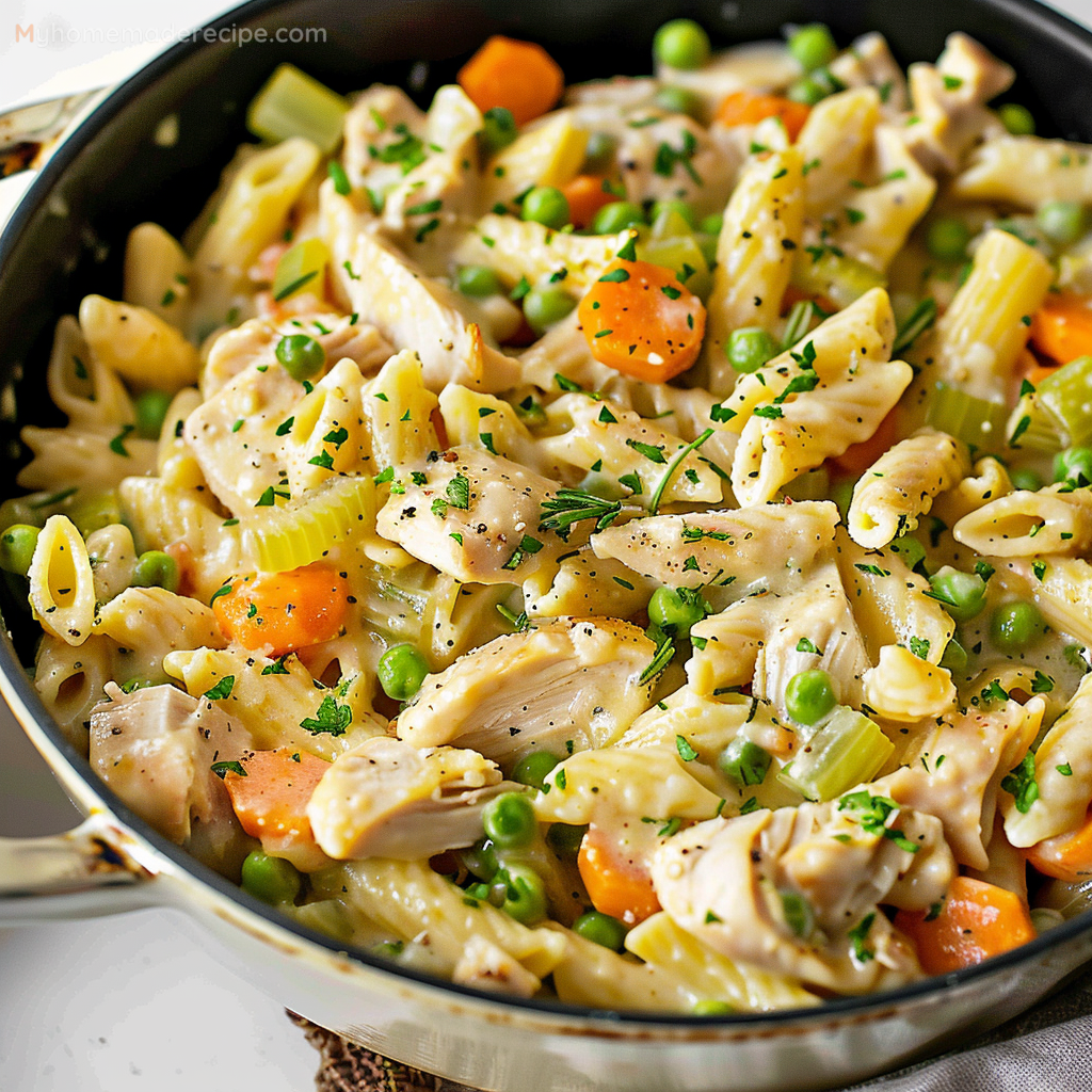 A serving of Chicken Pot Pie Pasta with golden puff pastry on top