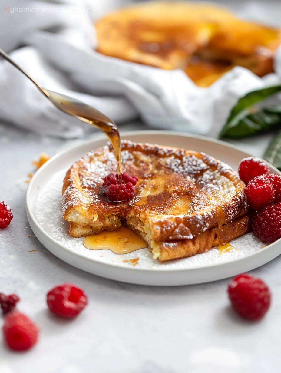 A dish of golden-brown Overnight Crème Brûlée French Toast topped with fresh berries