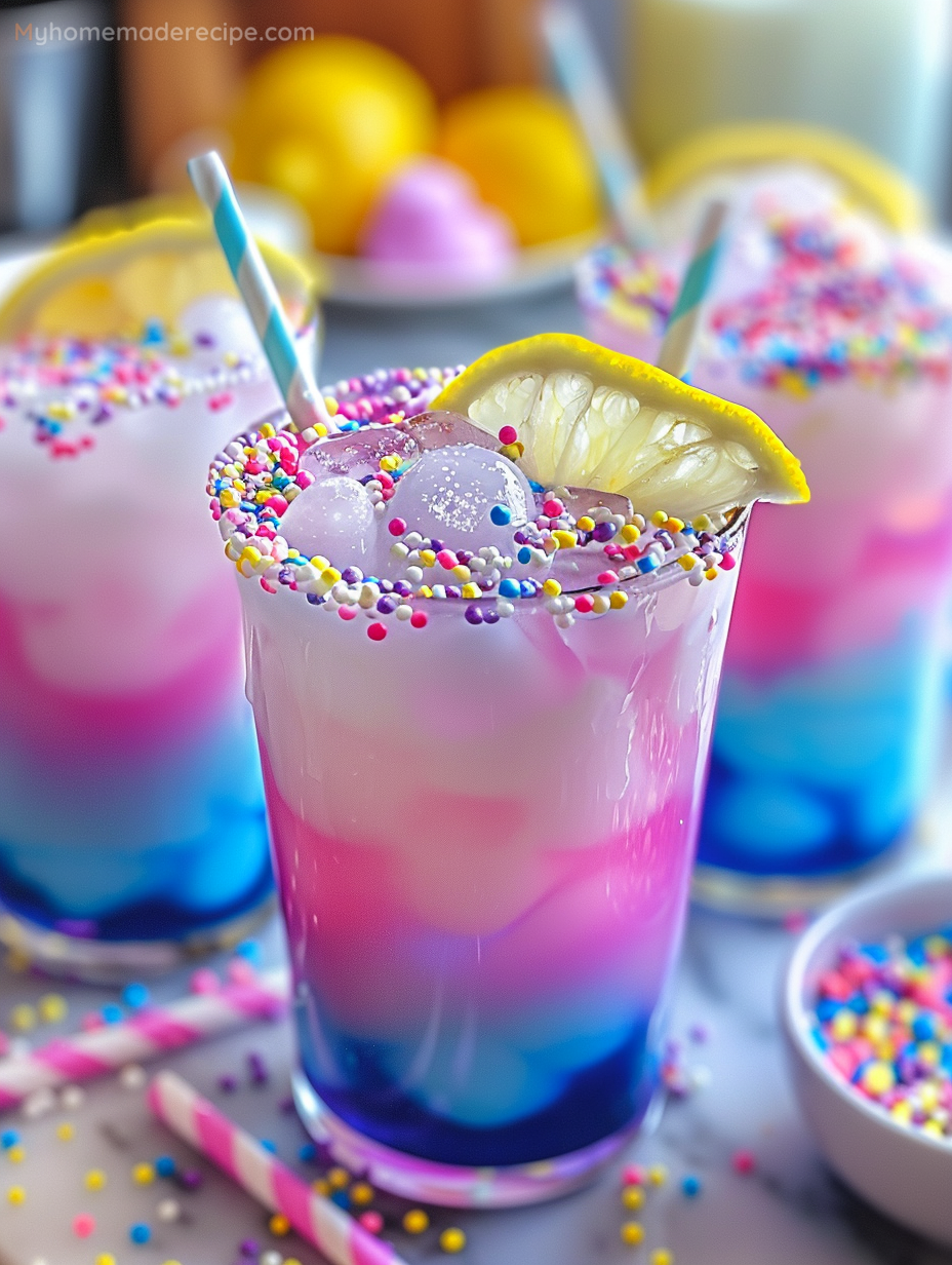 A glass of vibrant unicorn lemonade with colorful ice cubes and sprinkled rims