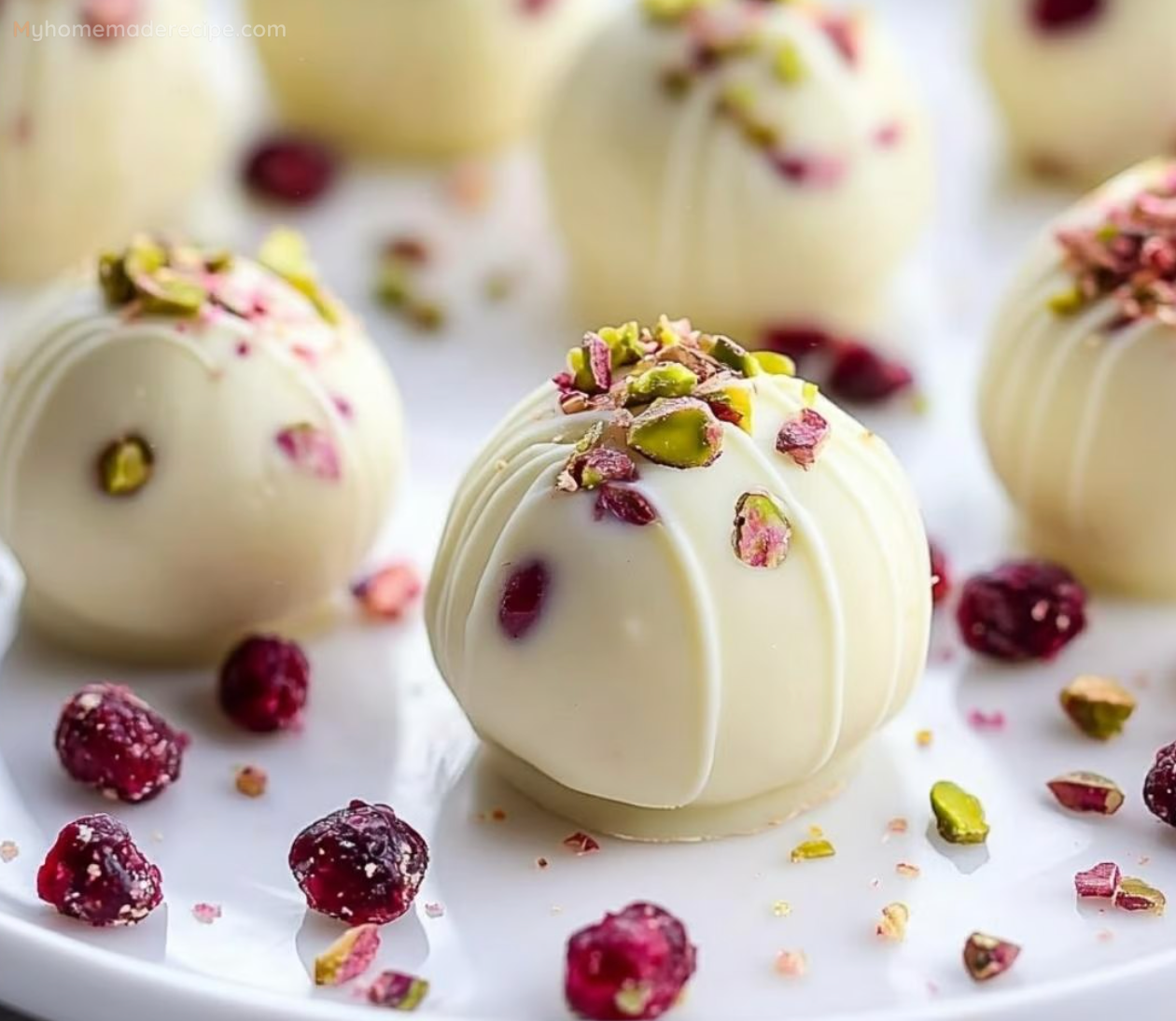 White Chocolate Truffles with Cranberries and Pistachios