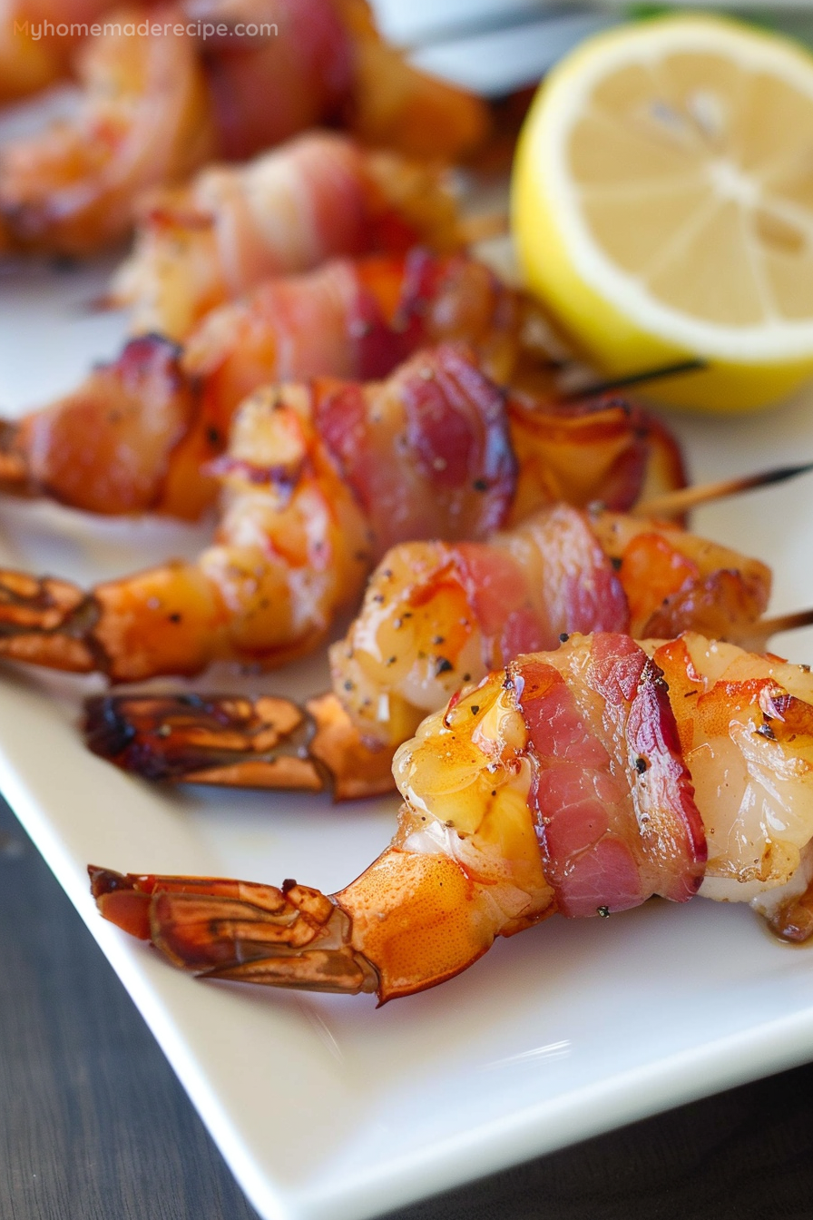 A plate of crispy bacon-wrapped shrimp garnished with lemon wedges