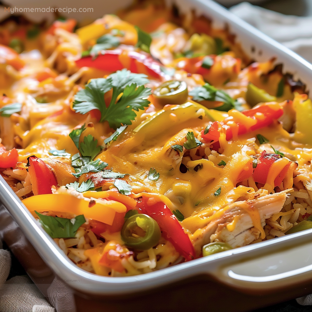 Fajita Chicken Casserole in a baking dish