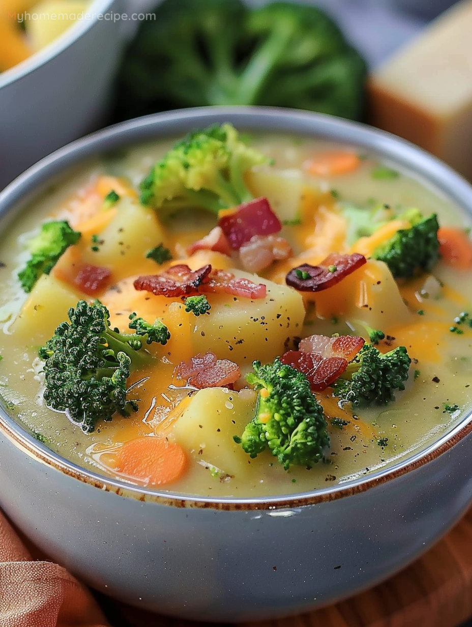 Bowl of Loaded Broccoli Potato Soup topped with bacon pieces