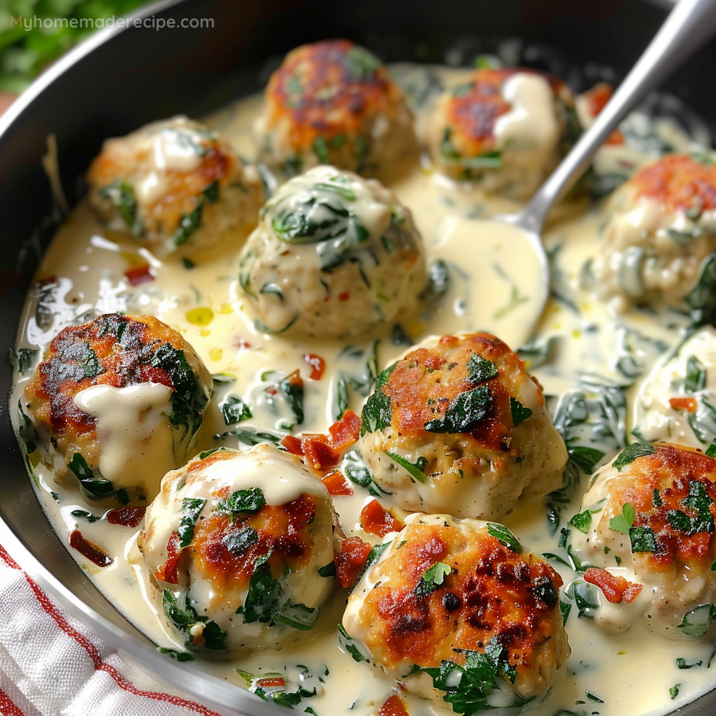 Chicken Ricotta Meatballs in Spinach Alfredo Sauce