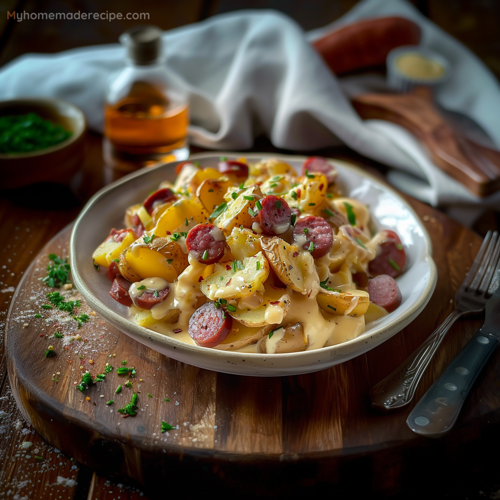 Cheesy Ranch Potatoes and Smoked Sausage in a baking dish