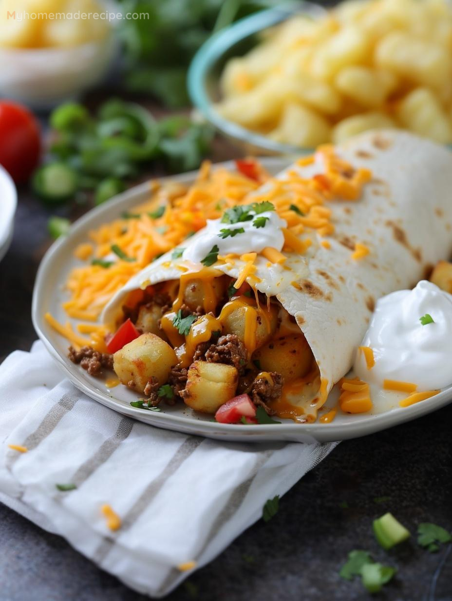 Cheesy Potato Burritos with crispy tater tots and melted cheese