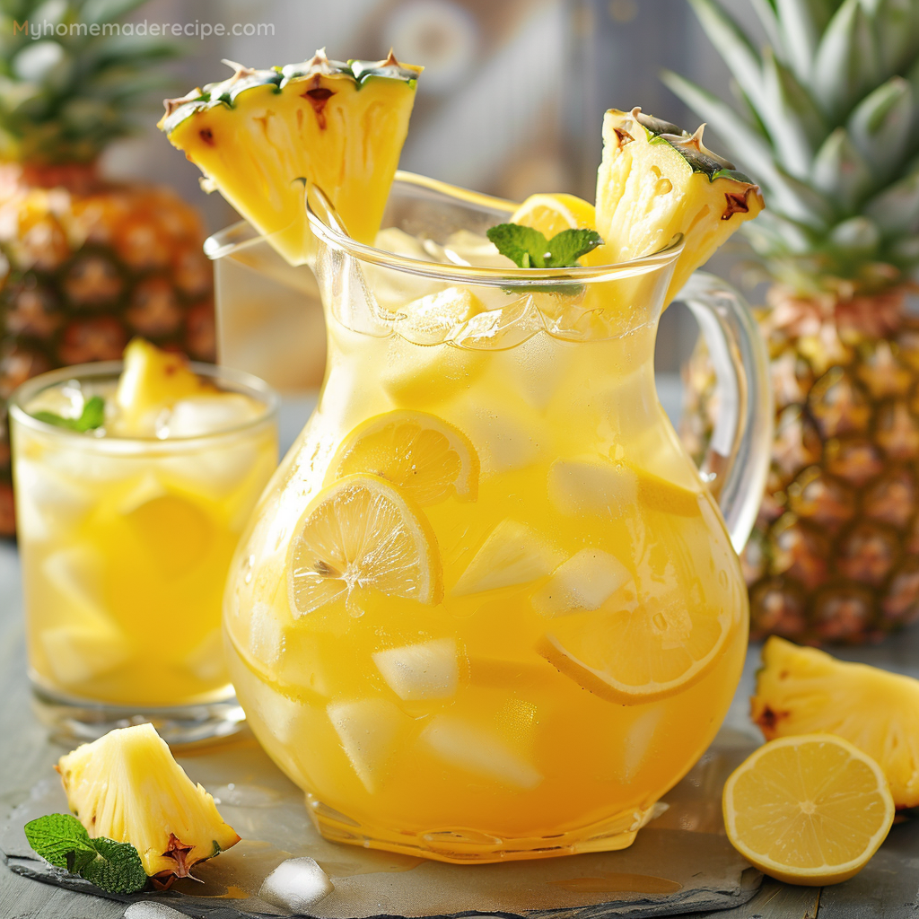 Pineapple Lemonade Punch in a glass with lemon and pineapple slices