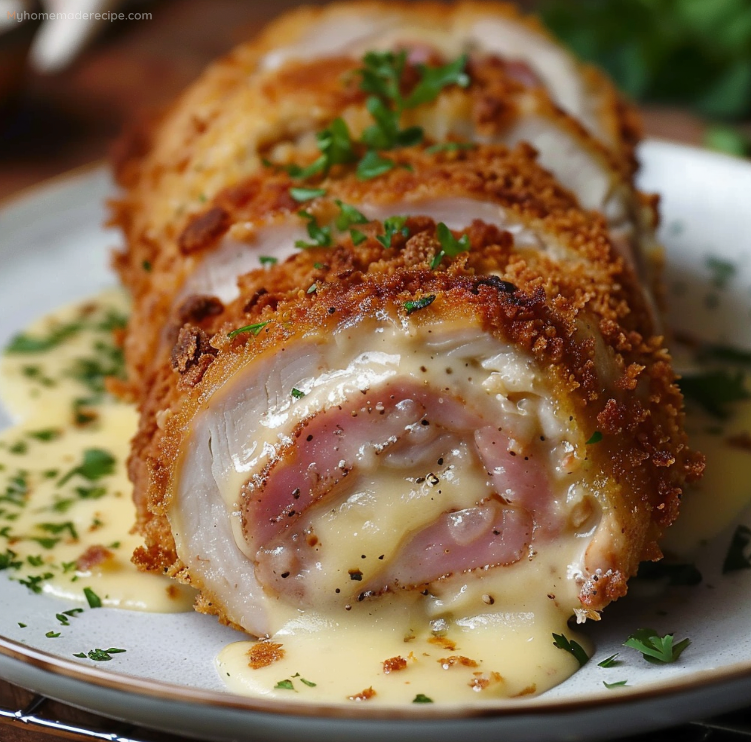 Delicious Chicken Cordon Bleu served with creamy Dijon sauce