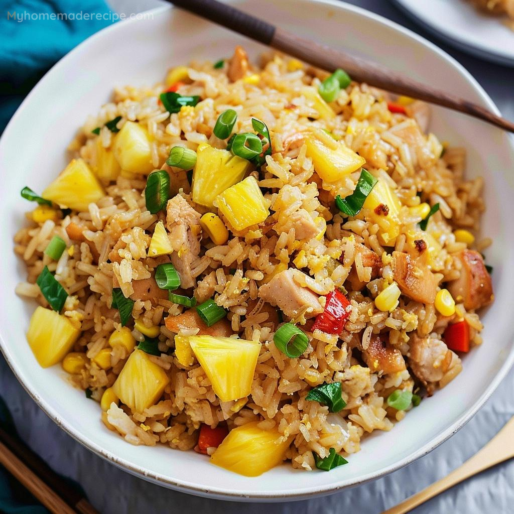 Pineapple Chicken and Rice served on a plate