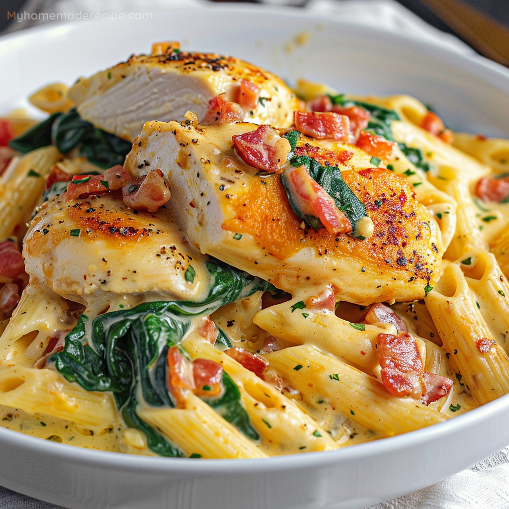 Chicken Bacon and Pasta with Spinach and Tomatoes in Garlic Cream Sauce