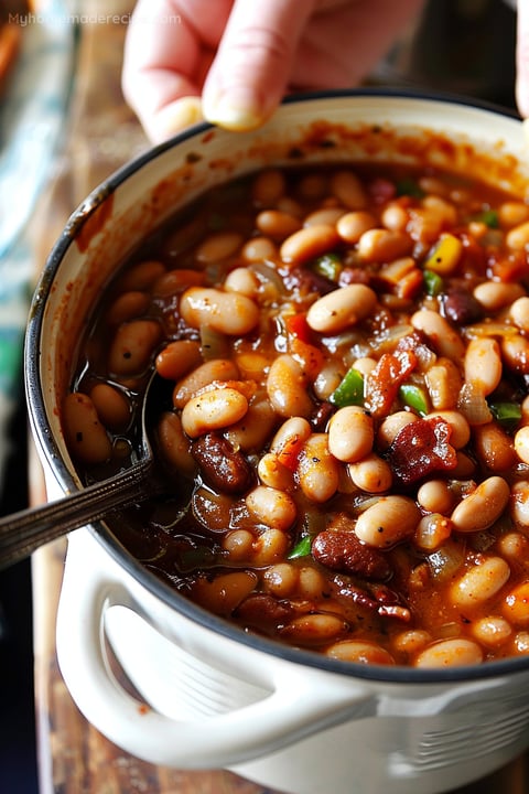 A pot of homemade root beer baked beans with bacon