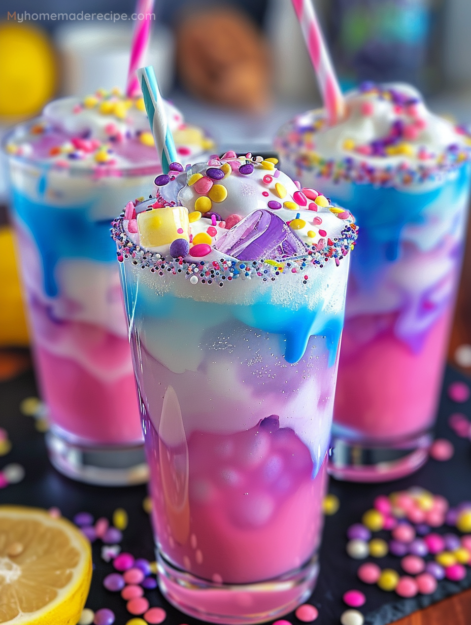 A glass of vibrant unicorn lemonade with colorful ice cubes and sprinkled rims